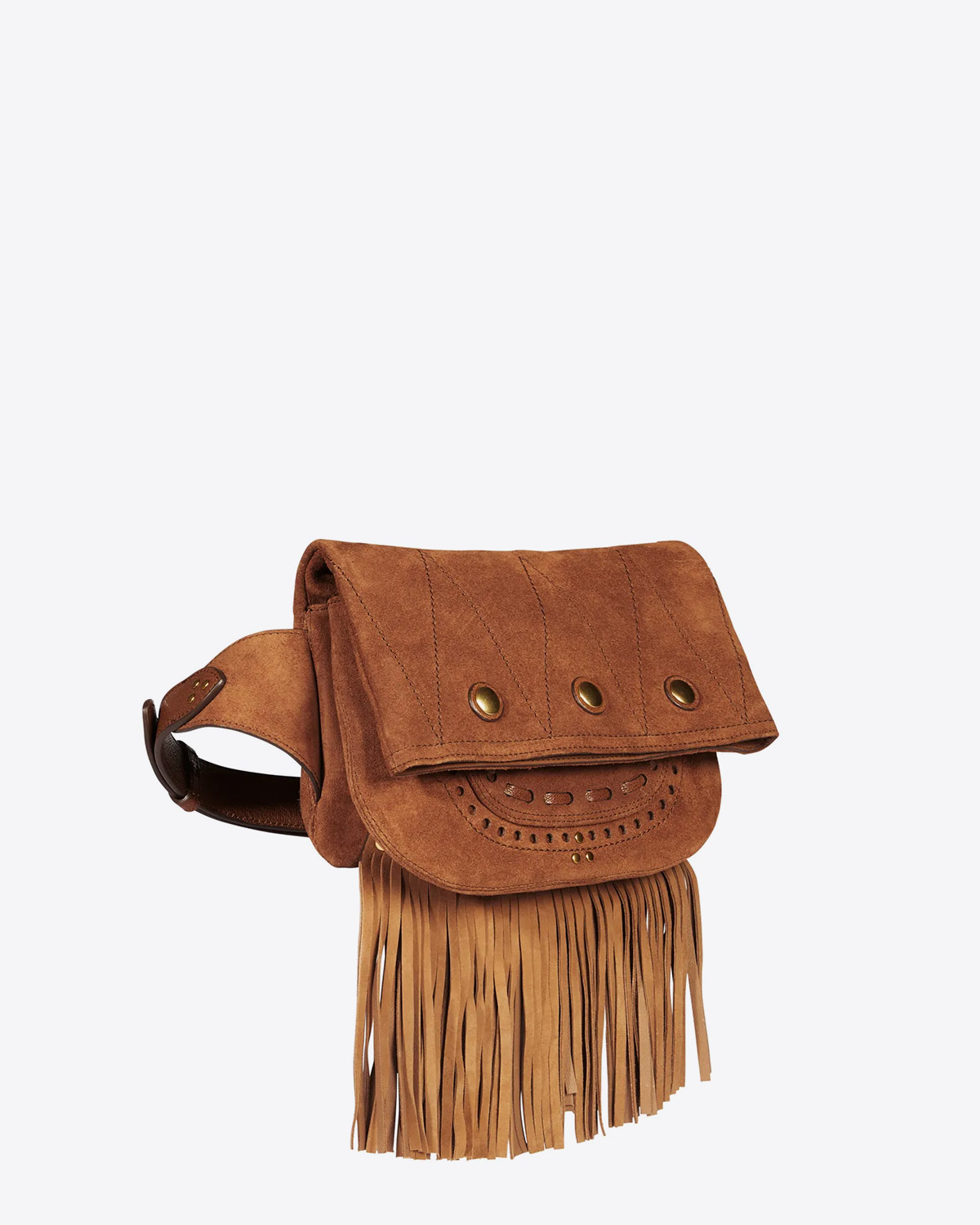 Sac banane Jerry veau velours Tabac Jérôme Dreyfuss. Profil avec franges.