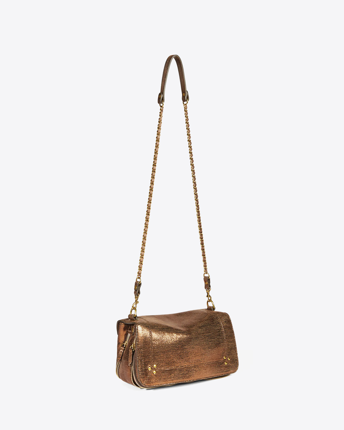 Sac rectangulaire bandoulière chaine et cuir en cuir chèvre lamé bronze Bobi Jérôme Dreyfuss. 