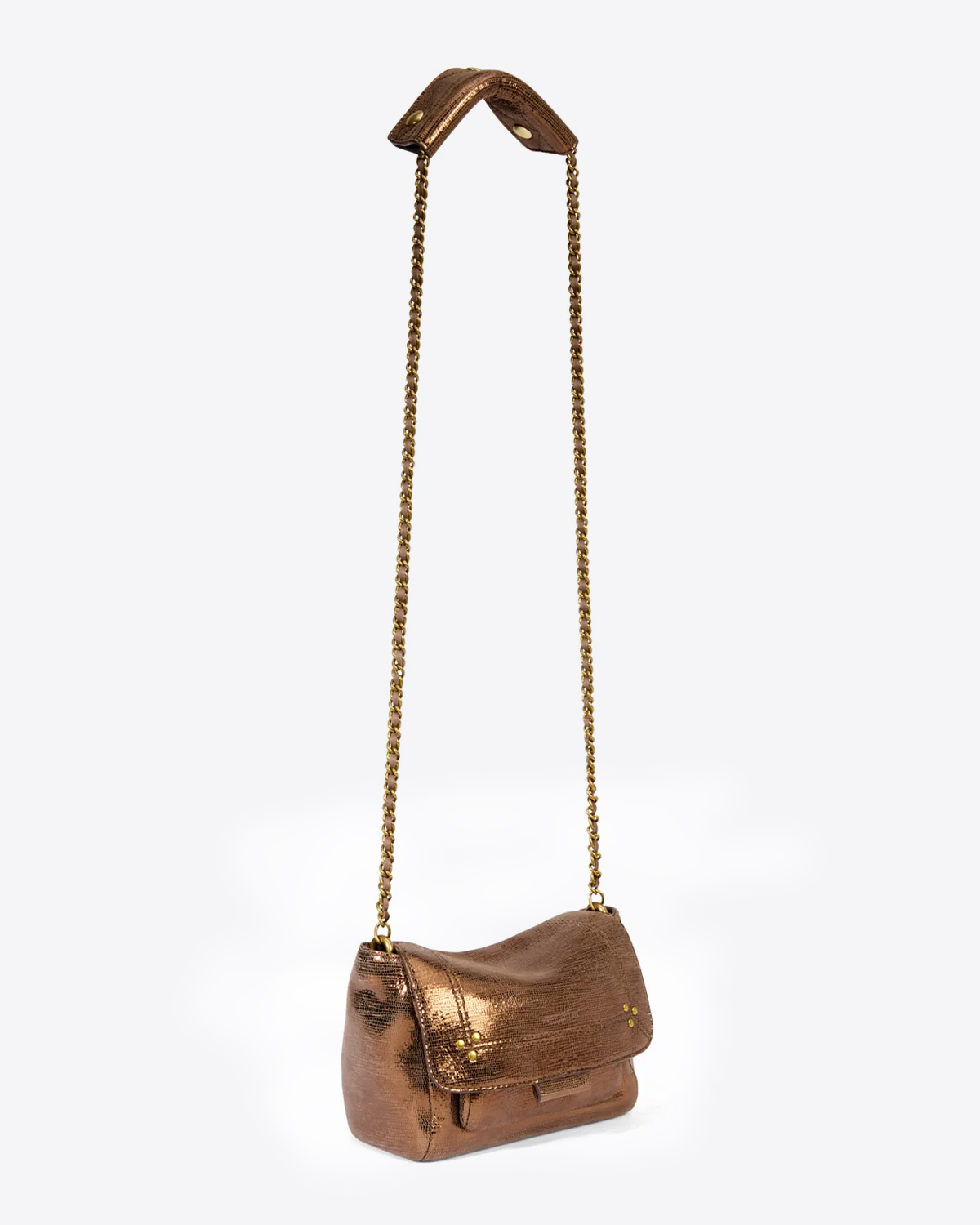 Mini-sac Lulu S Jérôme Dreyfuss en chèvre lamé bronze. Longue chaine dorée.