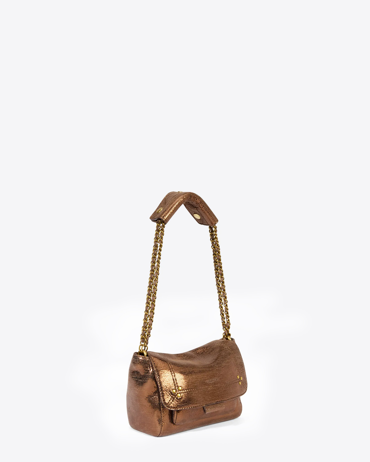 Mini-sac Lulu S Jérôme Dreyfuss en chèvre lamé bronze. Porté double chaine.