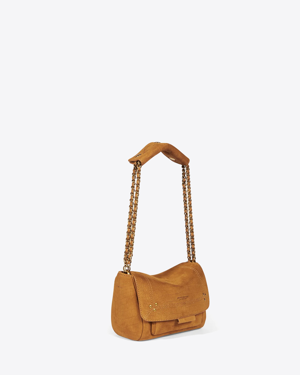 Mini sac en cuir taurillon effet croco bandoulière chaine et cuir Lulu S Jérôme Dreyfuss. Profil et chaine raccourcie. 