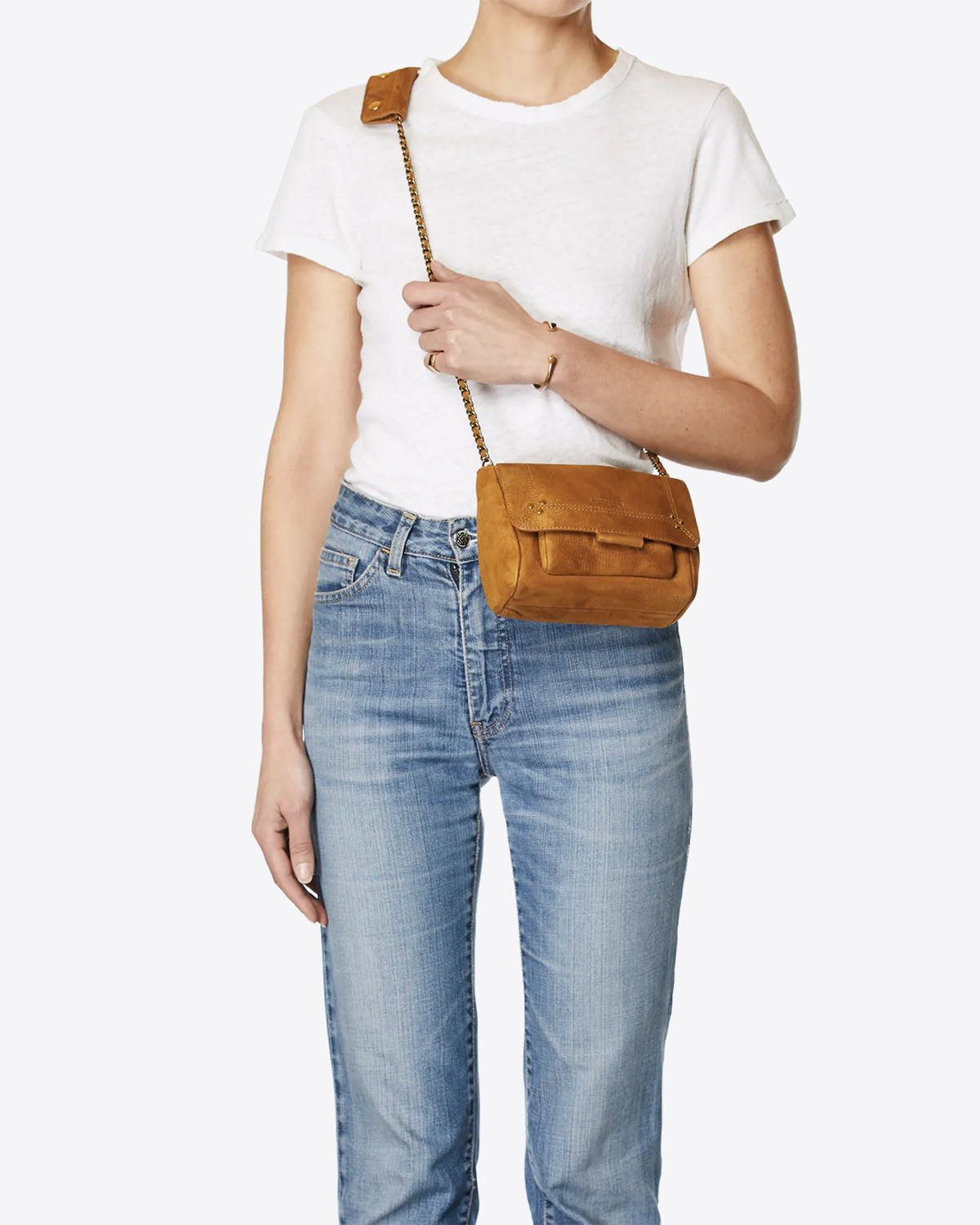 Mini sac en cuir taurillon effet croco bandoulière chaine et cuir Lulu S Jérôme Dreyfuss. Porté crossover. 