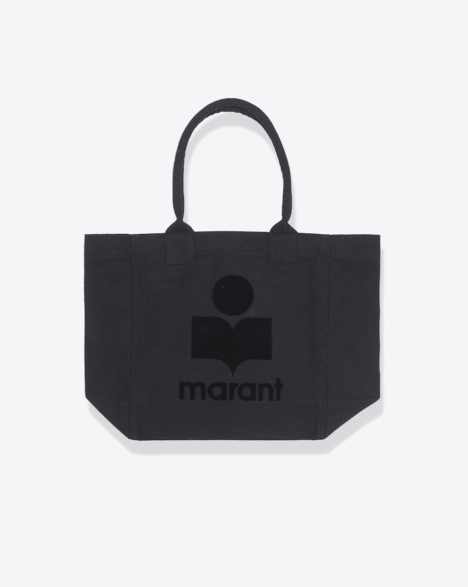 Petit cabas Yenky Isabel Marant Étoile en toile noire, logo en velours noir. Vue de face.