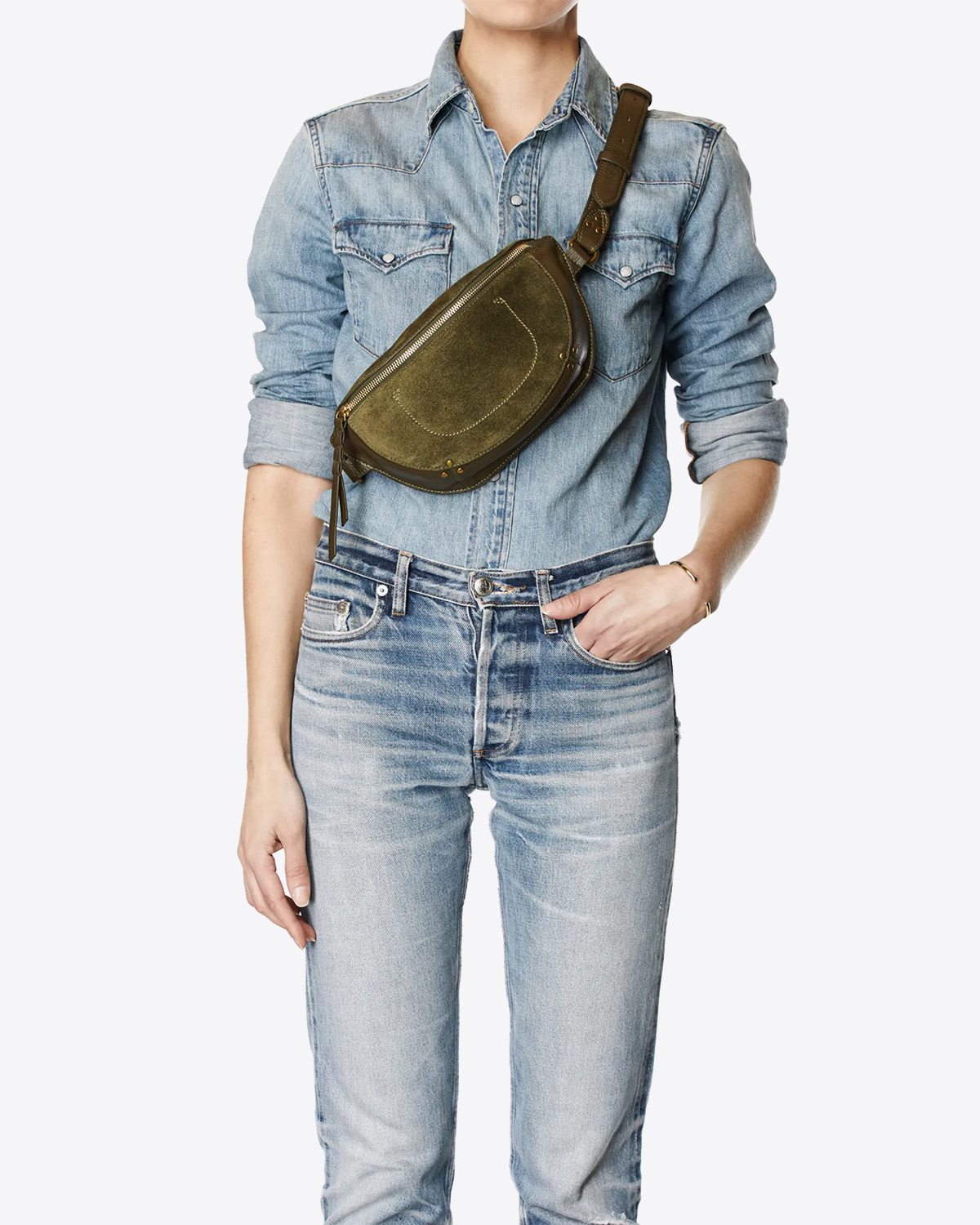 Sac banane en daim kaki Avocat Lino Jérôme Dreyfuss. Porté Crossbody. 
