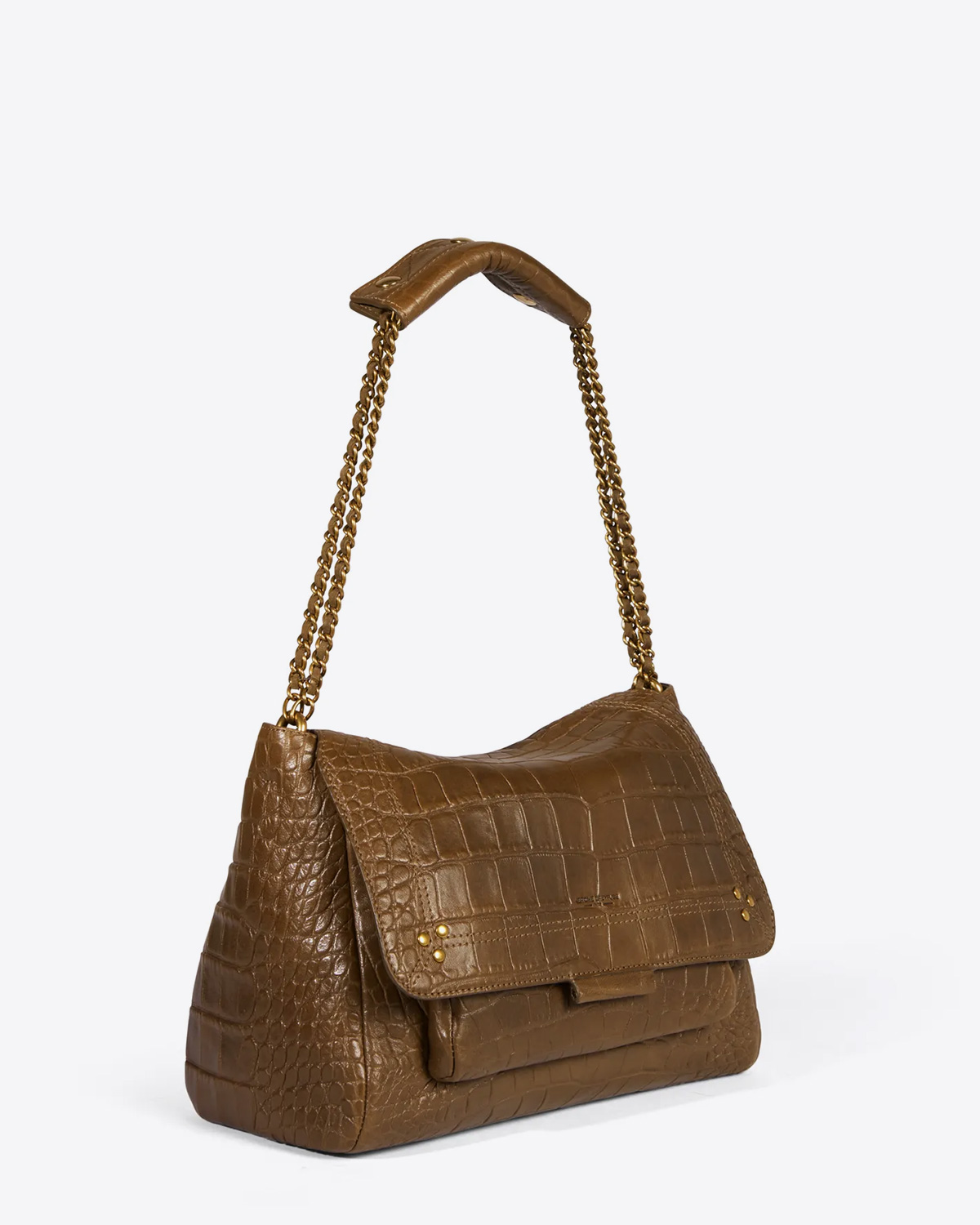 Sac Lulu L croco kaki Jérôme Dreyfuss. Porté court double chaine doré.