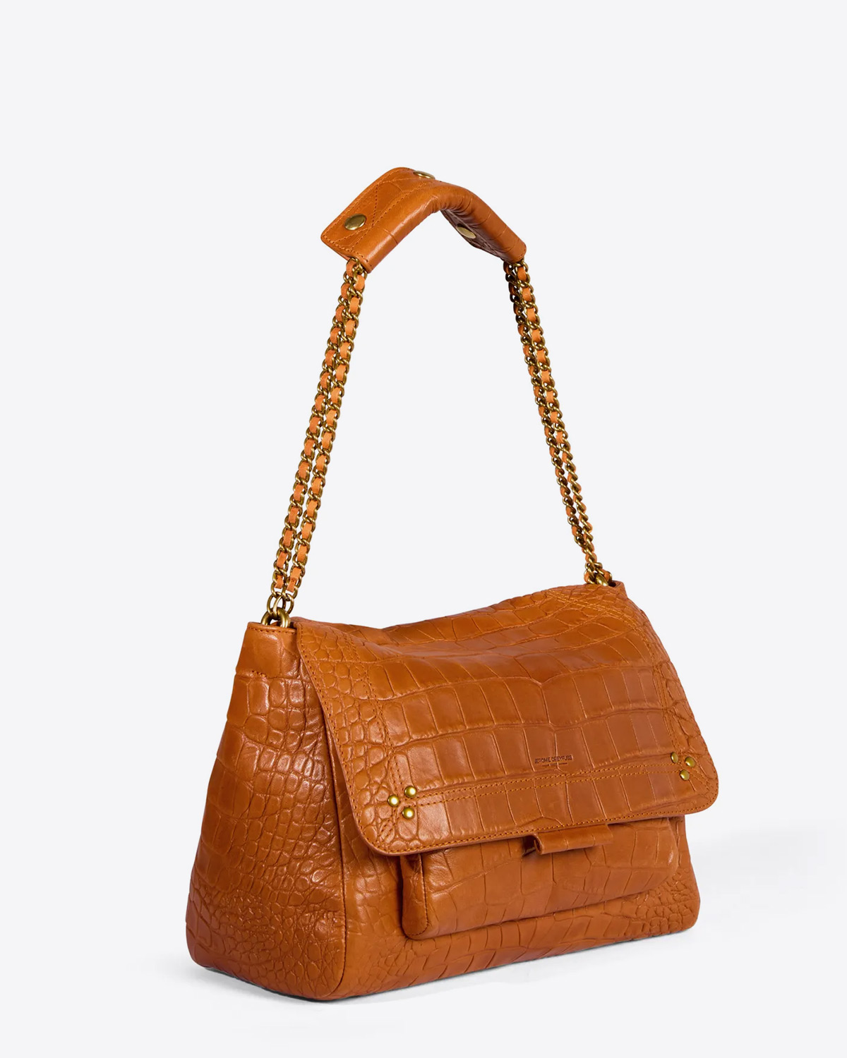 Jérôme Dreyfuss Lulu L Lambskin Croco Whisky. Porté court double chaine dorée.