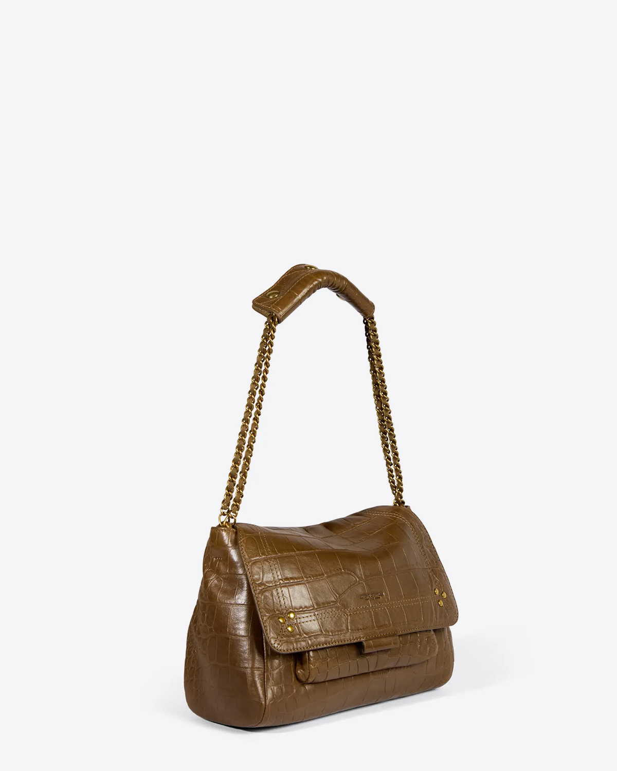 Sac Lulu M agneau croco kaki Jérôme Dreyfuss. Porté court double chaine dorée.
