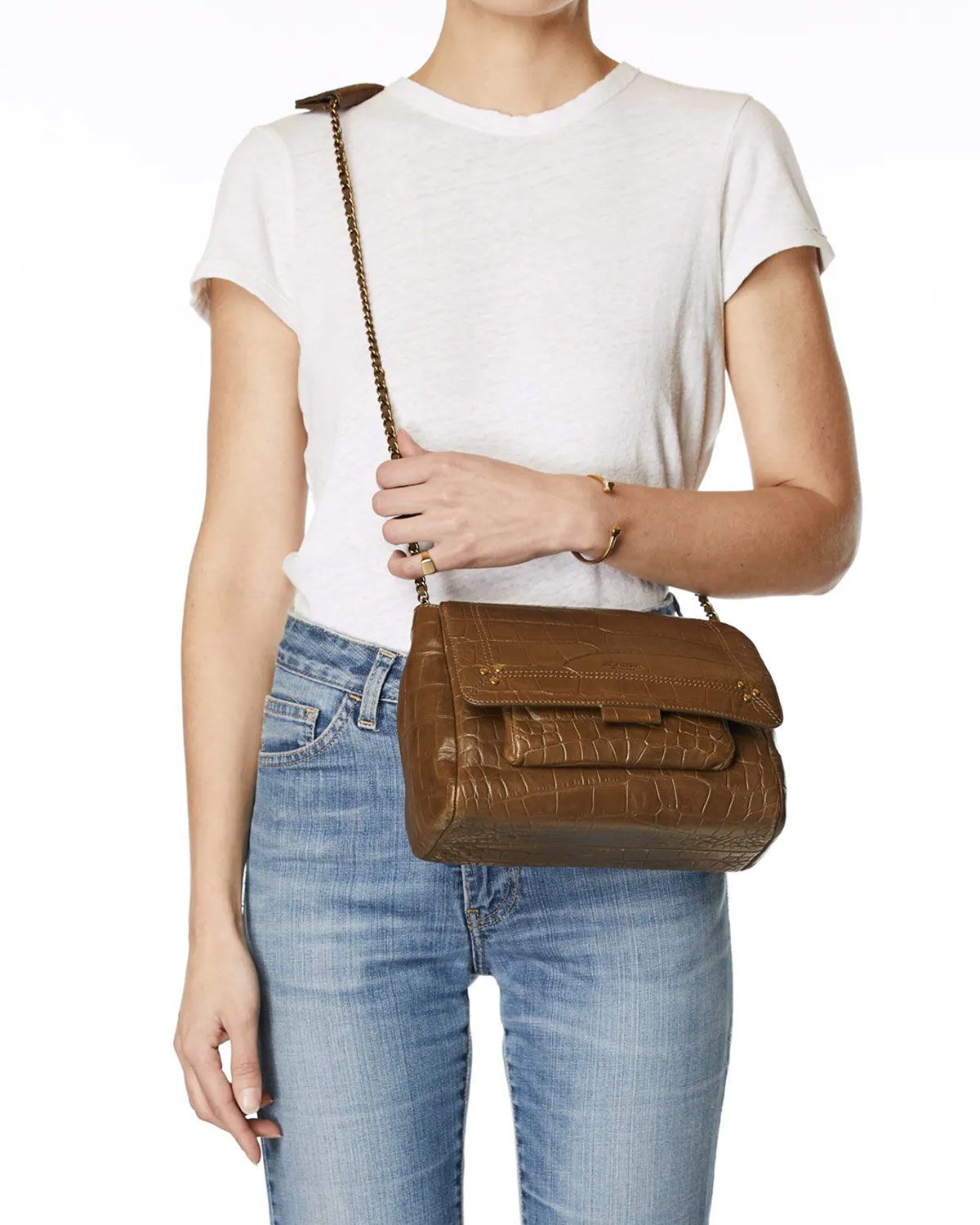 Sac Lulu M agneau croco kaki Jérôme Dreyfuss. Porté crossover.