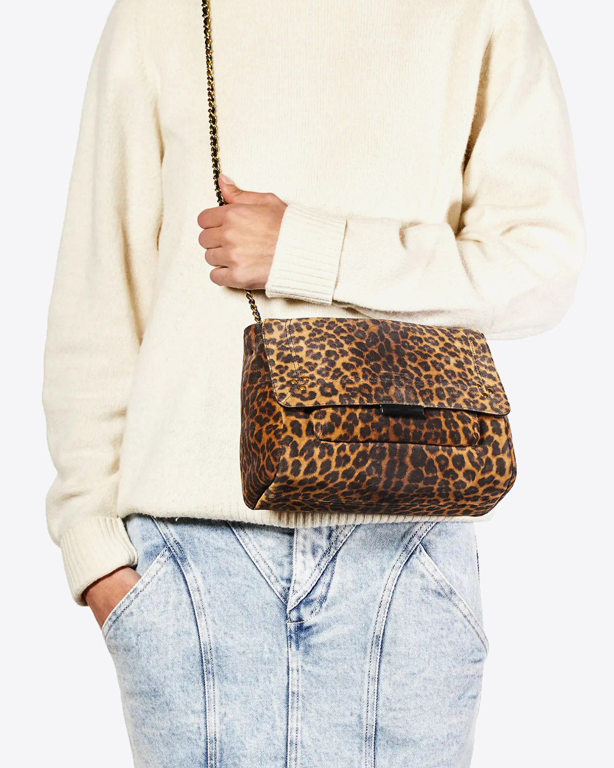 Sac bandoulière Lulu M split suède léopard chamois Jérôme Dreyfuss. 