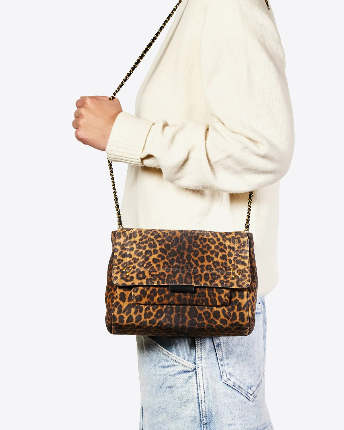Sac bandoulière Lulu M split suède léopard chamois Jérôme Dreyfuss. 