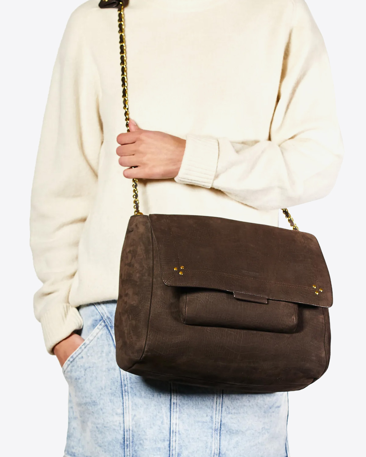 Sac Lulu XL taurillon croco moka Jérôme Dreyfuss. Porté Crossbody face. 