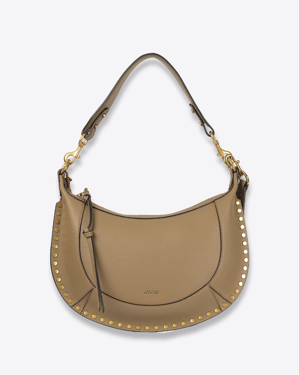 Produit Sac Naoko Isabel Marant en cuir grainé kaki. Anse courte porté main et bandoulière longue réglable porté épaule ou croisé. Face. Détail de la anse courte amovible.