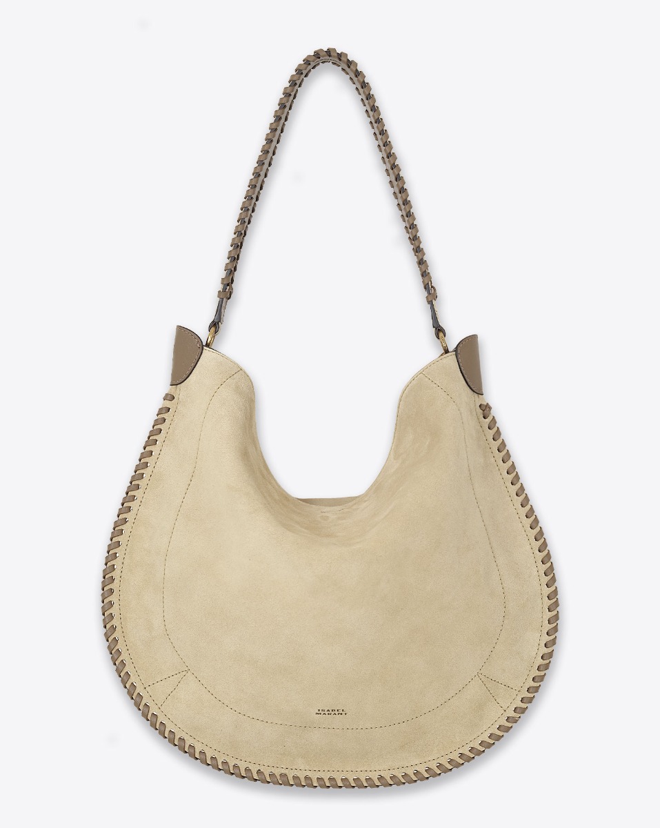 Sac Oskan Hobo Soft Isabel Marant en cuir suédé sable tréssé. Vue de face. 
