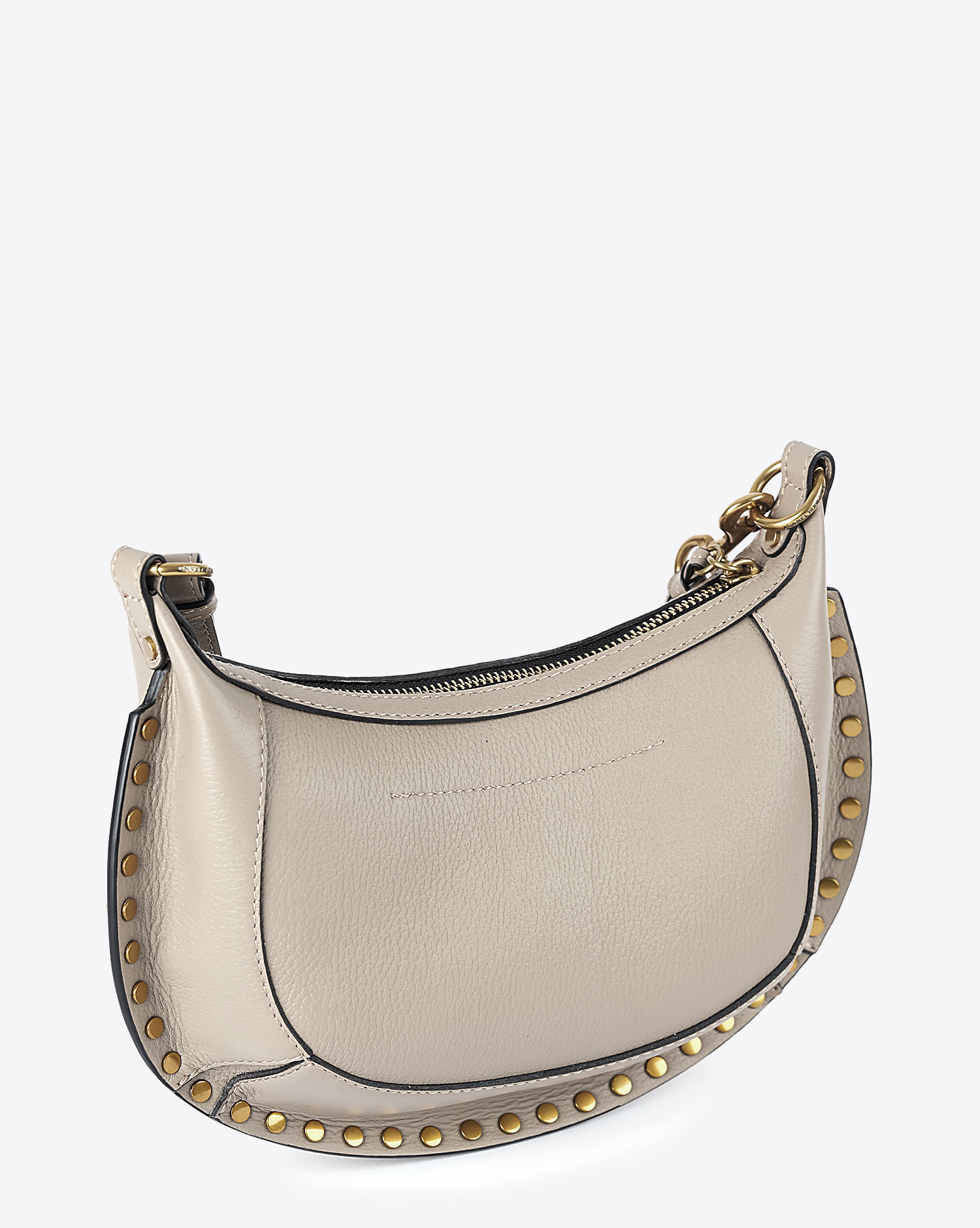 Produit Sac lune Oskan Isabel Marant en cuir de veau grainé taupe. Vue profil.
