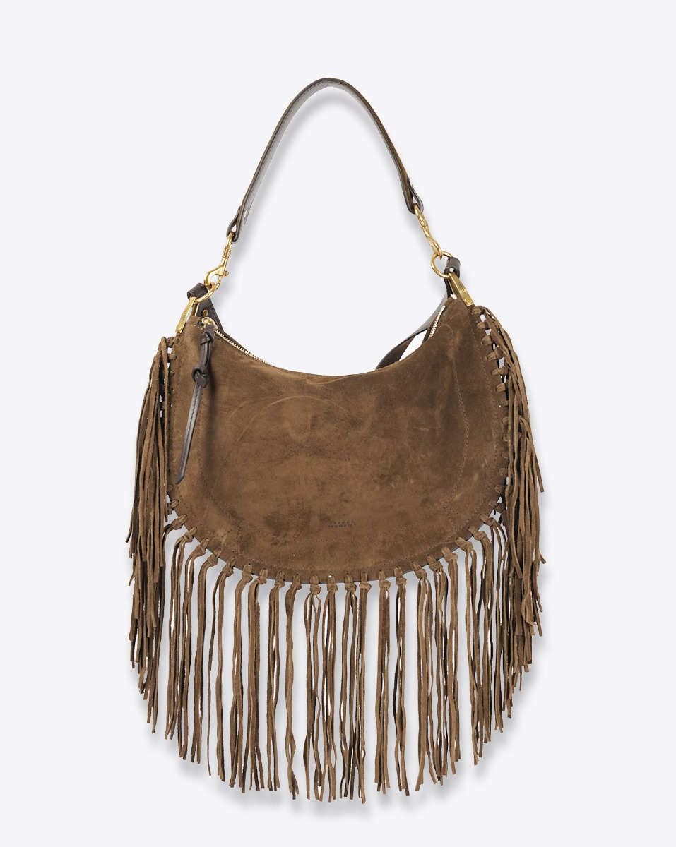 Produit Sac Oskan Soft Zip à franges Isabel Marant en cuir suédé bronze. Porté main et épaule ou bandoulière longue pour un porté épaule ou croisé. Face. 