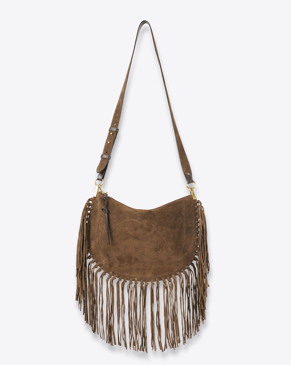 Produit Sac Oskan Soft Zip à franges Isabel Marant en cuir suédé bronze. Porté main et épaule ou bandoulière longue pour un porté épaule ou croisé. Détail de la bandoulière longue.