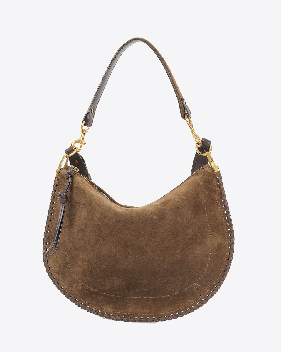 Sac Oskan Soft zip Isabel Marant en cuir suédé bronze et tressé. Anse en cuir porté main ou épaule et bandoulière en cuir amovible et réglable pour un porté épaule ou croisé. Détail de la anse. Face.