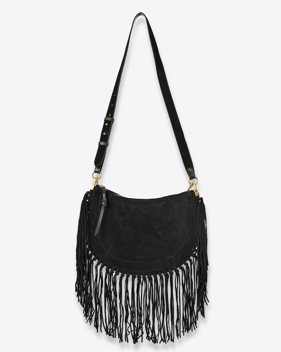 Produit Sac Oskan Soft zip à franges Isabel Marant. Porté main ou bandoulière. Face. Bandoulière longue.