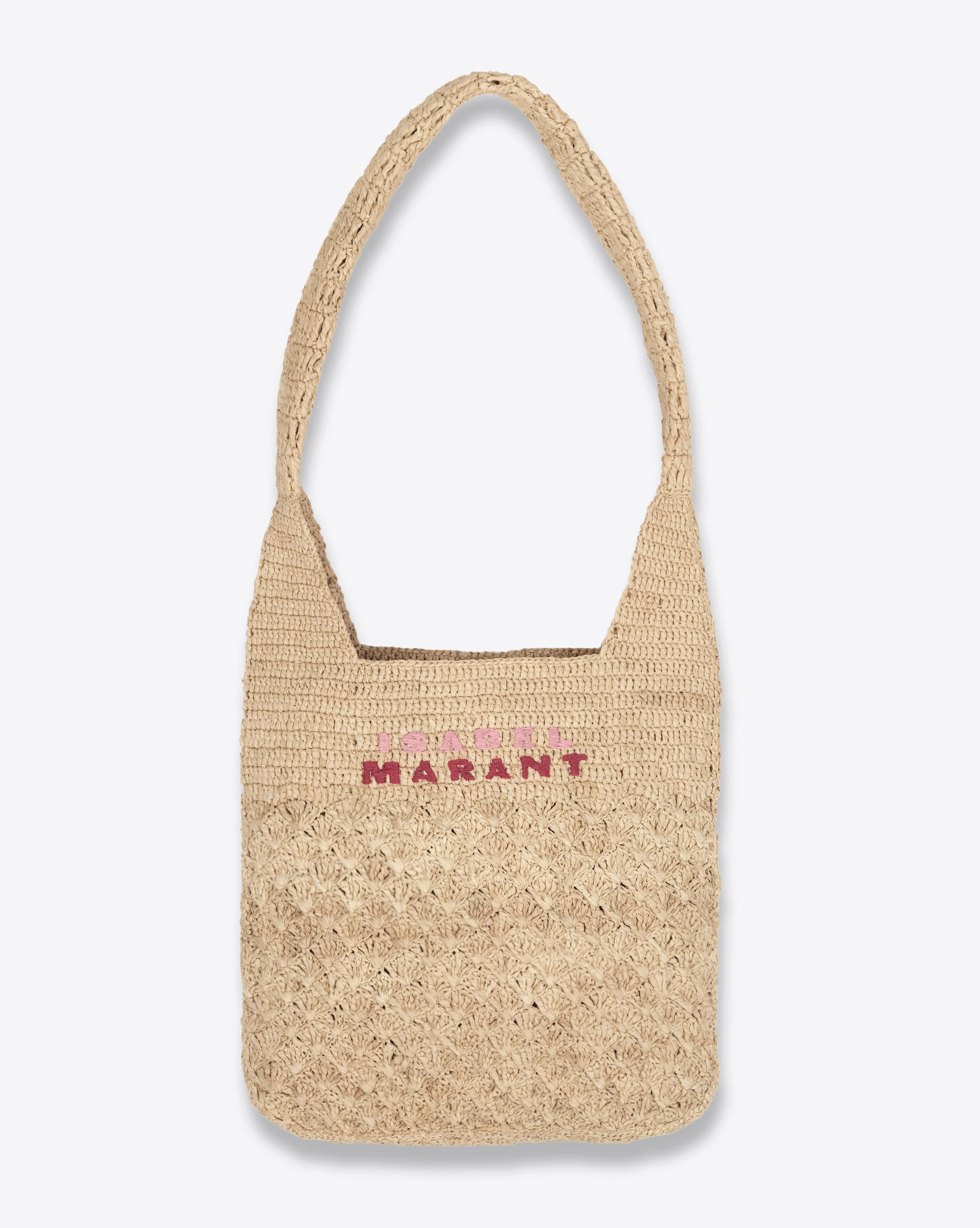 Produit Sac Praia Isabel Marant en raphia naturel avec logo rose. Vue face. 