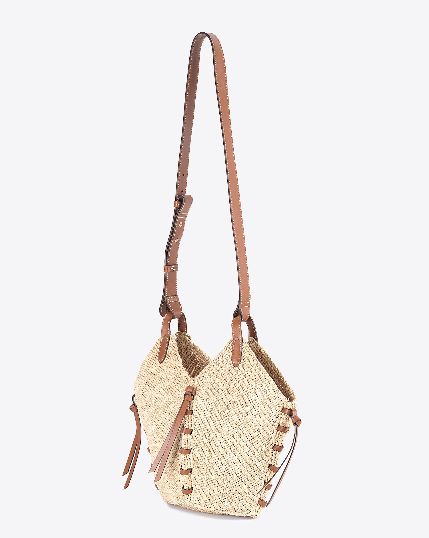 Produit Petit sac Tampa Isabel Marant en raphia naturel et cuir cognac. Vue profil.