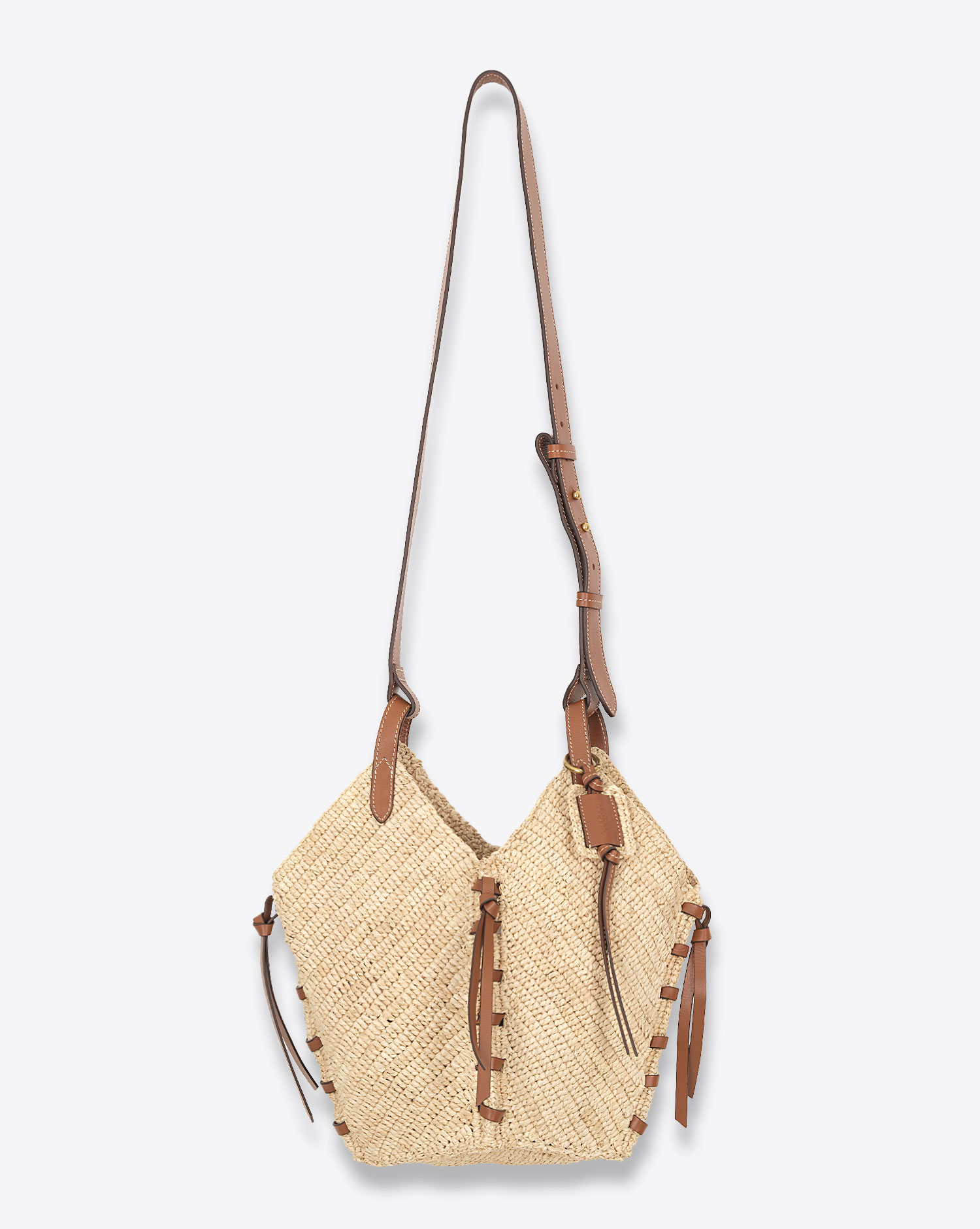 Produit Petit sac Tampa Isabel Marant en raphia naturel et cuir cognac. Vue face. 