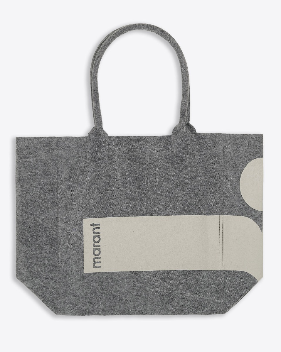 Cabas Yenky Isabel Marant en toile de coton écoresponsable, anthracite, logo vert d'eau. Vue de face.