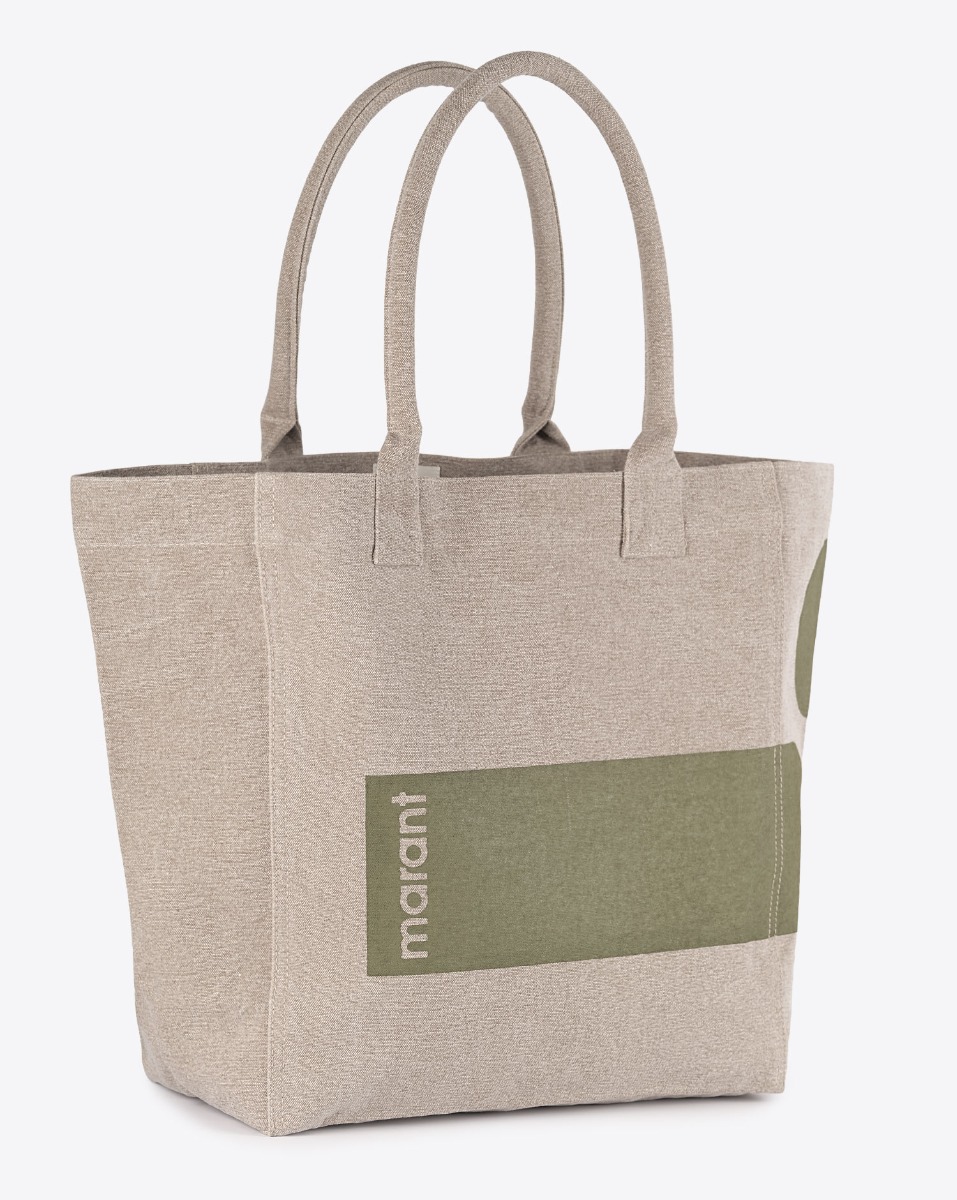 Cabas Yenky Small Isabel Marant en coton écoresponsable, beige, logo kaki. Vue de profil. Signature Marant.