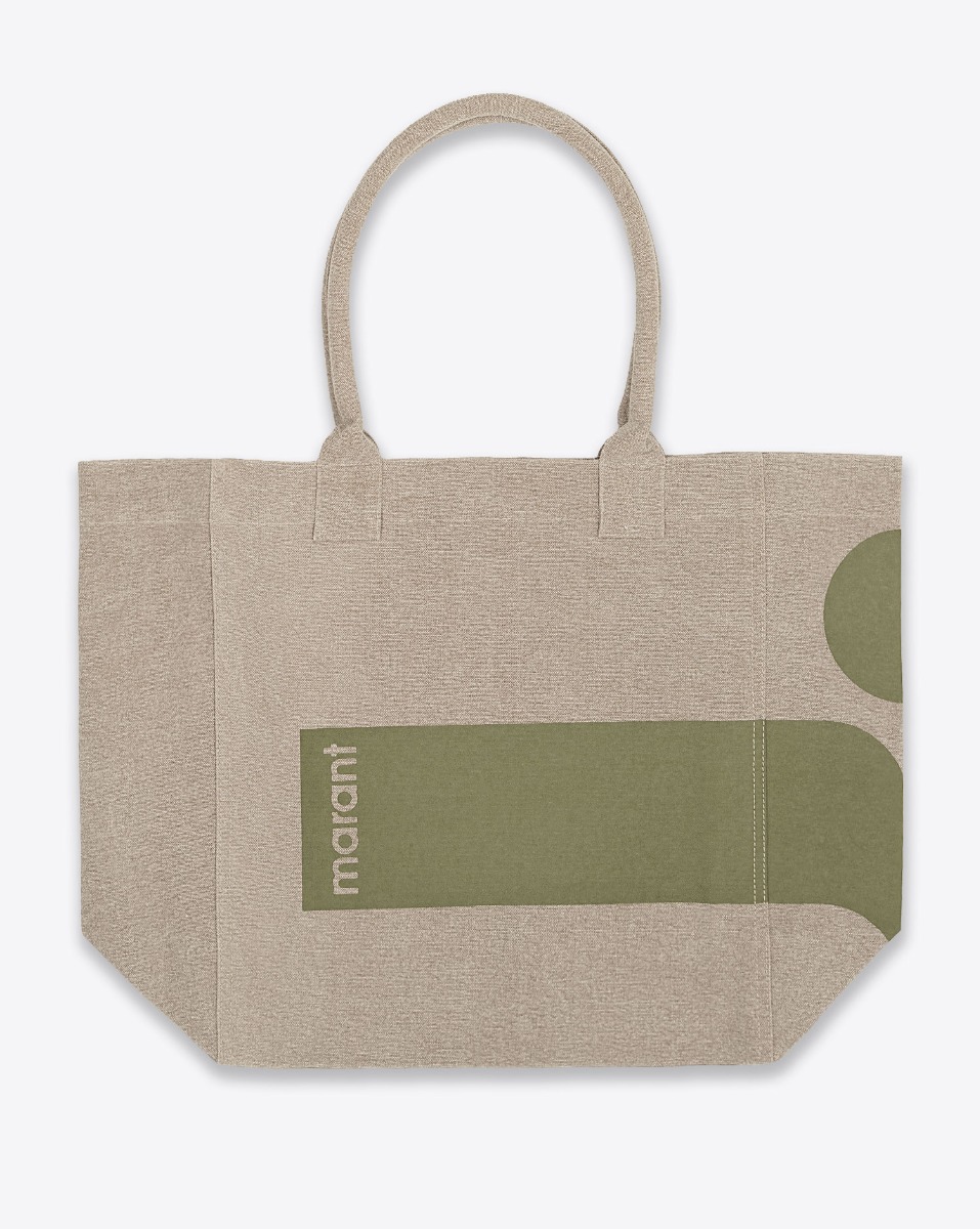 Cabas Yenky Isabel Marant en coton écoresponsable, beige, logo kaki. Vue de face.
