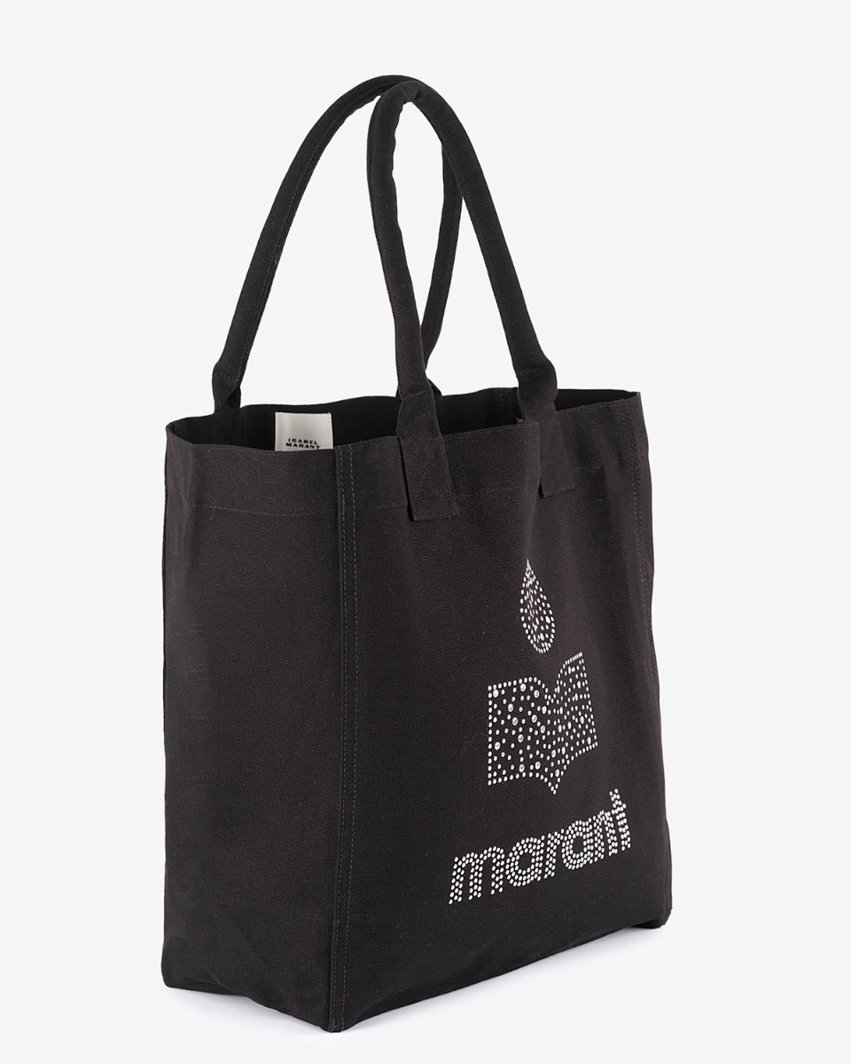 Produit Sac cabas en toile de coton noir, logo clouté argenté Yenky Isabel Marant. Vue de profil.