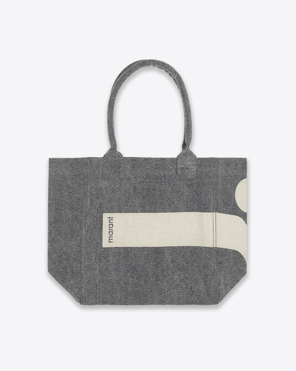 Cabas Yenky Small Isabel Marant en coton écoresponsable, anthracite, logo vert d'eau. Vue de face.