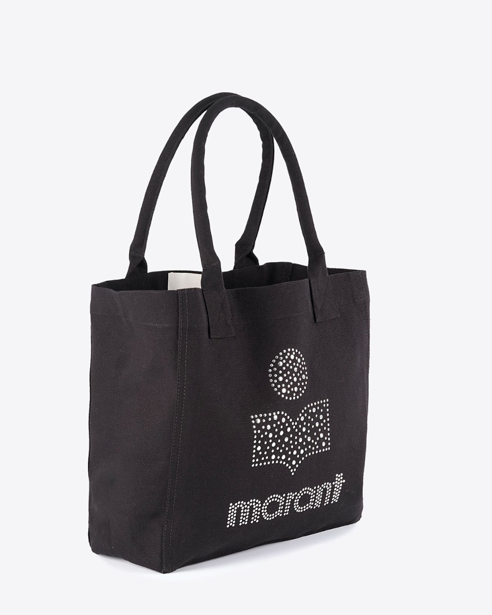 Produit Cabas Yenky Isabel Marant en toile noire, avec logo clouté argenté. Vue de profil.