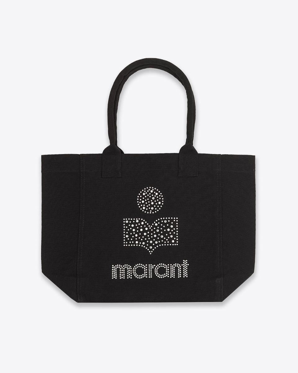 Produit Cabas Yenky Isabel Marant en toile noire, avec logo clouté argenté. Vue de face.