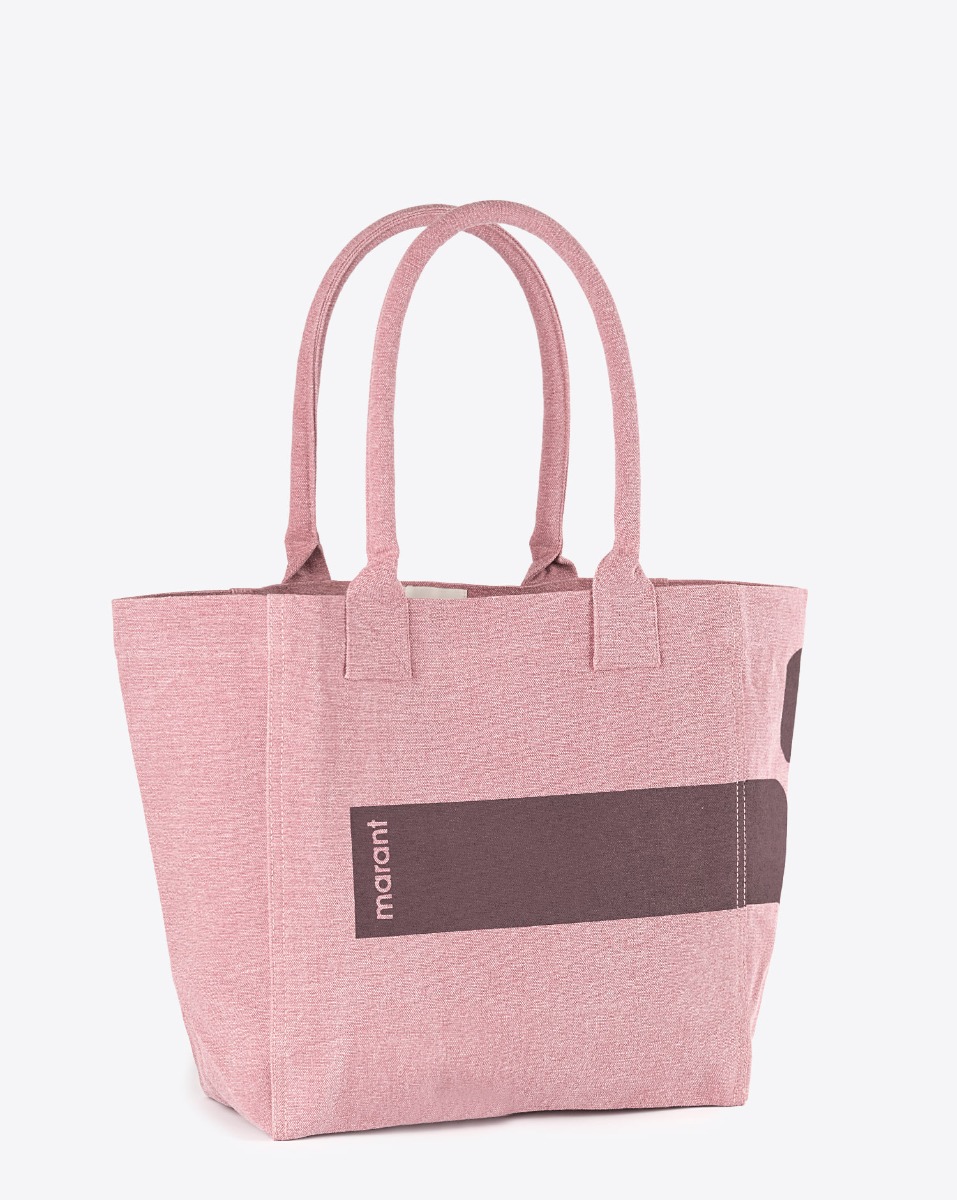 Cabas Yenky Small Isabel Marant en coton écoresponsable, rose, logo bordeaux. Vue de profil. Détail logo Marant.