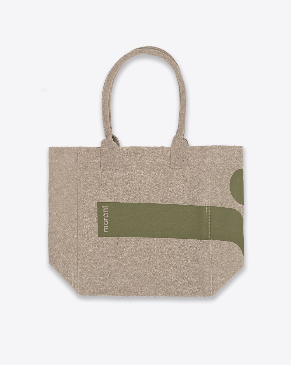 Cabas Yenky Small Isabel Marant en coton écoresponsable, beige, logo kaki. Vue de face.