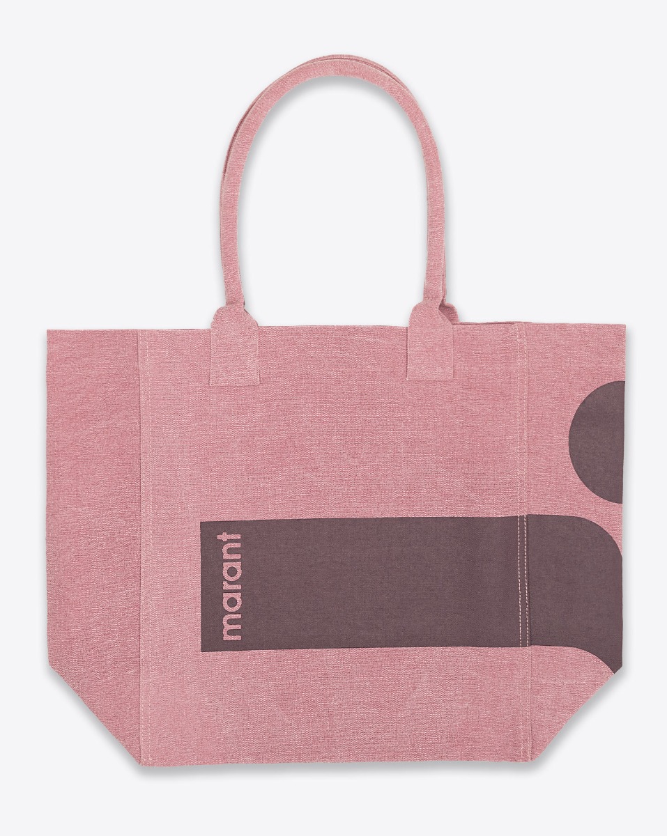 Cabas Yenky Isabel Marant en coton écoresponsable, rose, logo bordeaux. Vue de face.