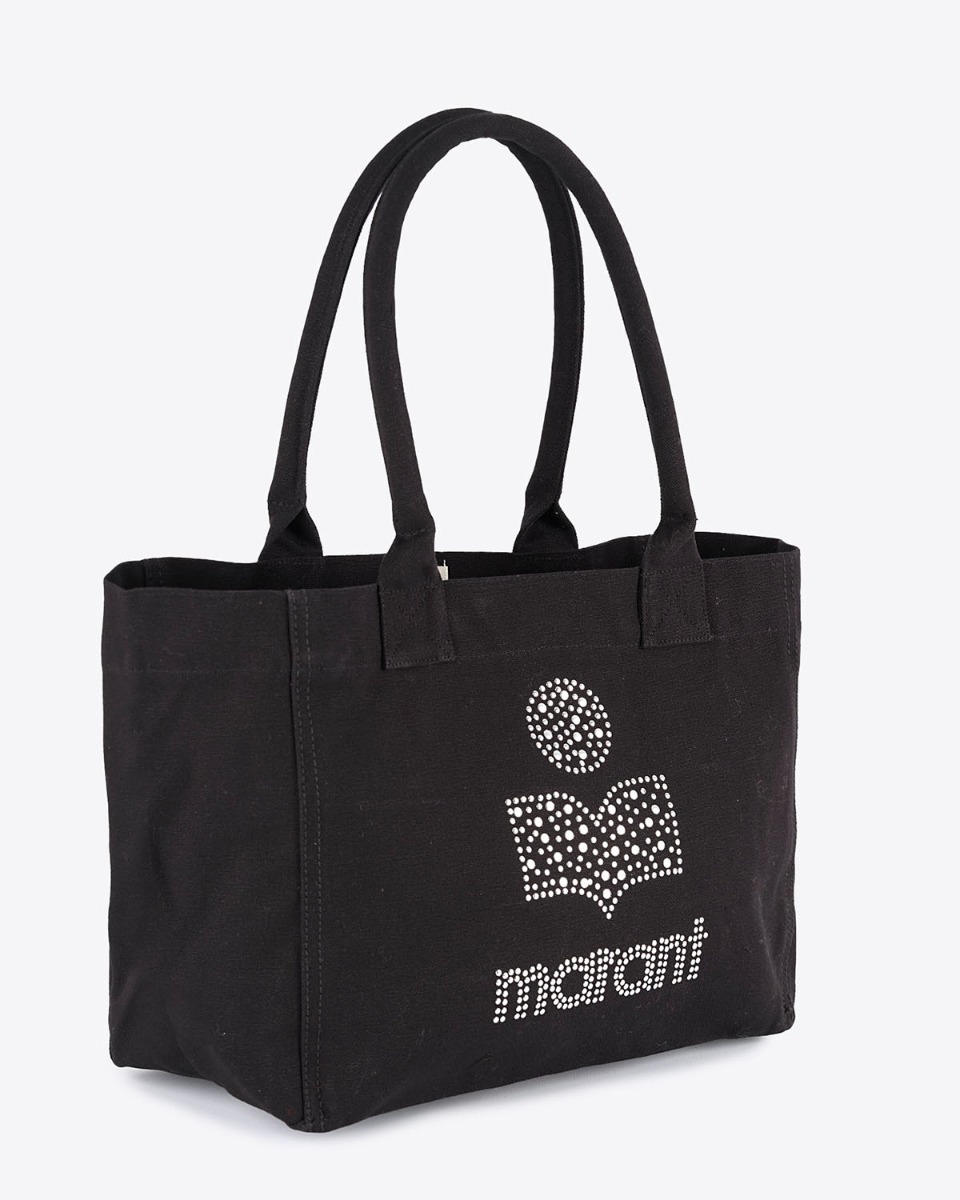 Produit Sac cabas zippé Yenky Isabel Marant en toile de coton avec logo clouté argenté Marant. Vue de profil.