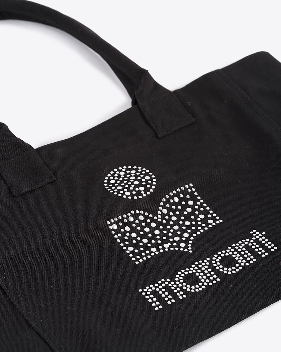 Sac cabas zippé Yenky Isabel Marant en toile de coton avec logo clouté argenté Marant. Détail du logo clouté argenté Marant.