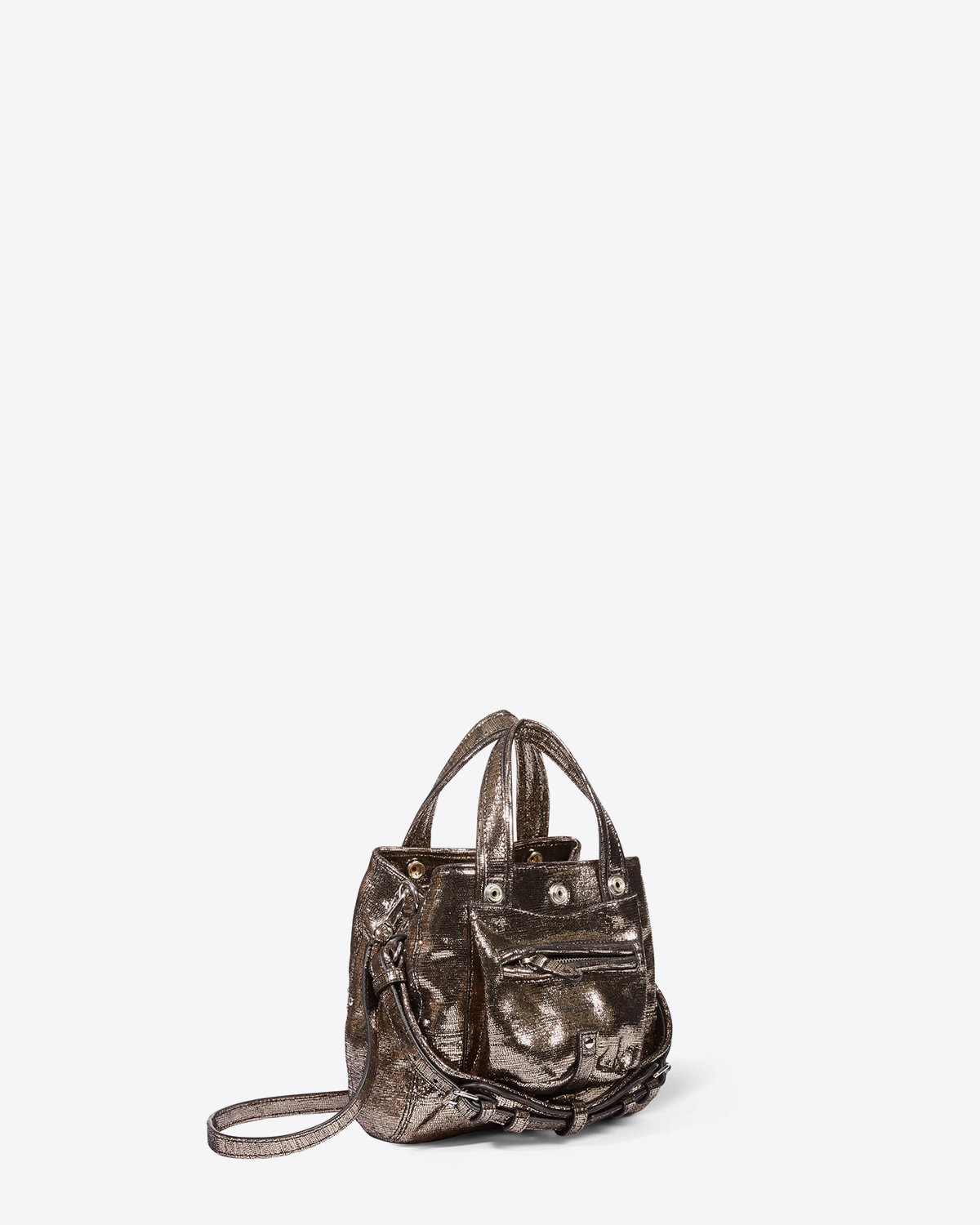Petit sac Billy Nano Jérôme Dreyfuss en cuir lamé champagne. Vue  profil.