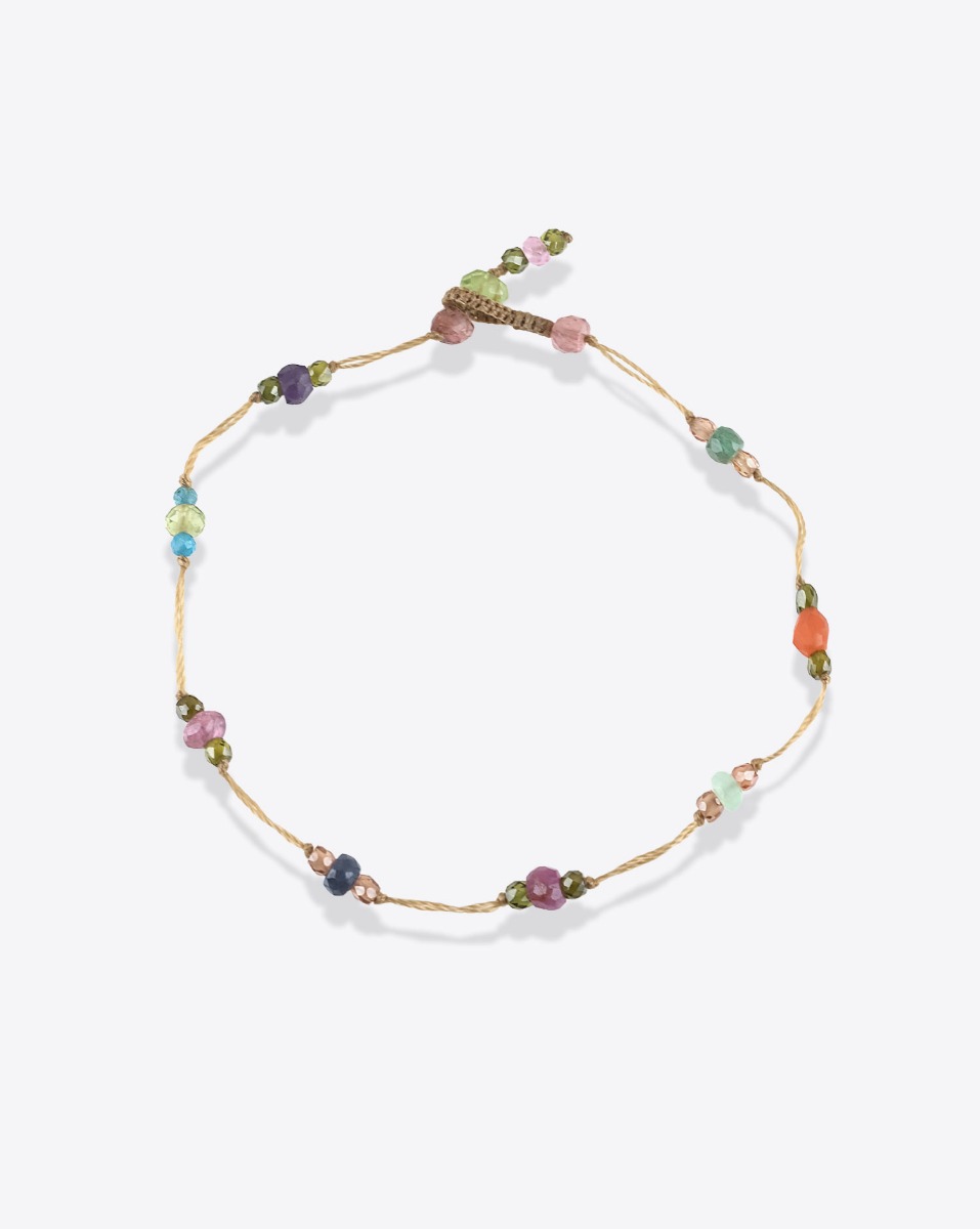 Bracelet T.Bee Duo Sparkly Sharing pierres semi-pr&eacute;cieuses et tourmaline sur un fil r&eacute;sistant beige.