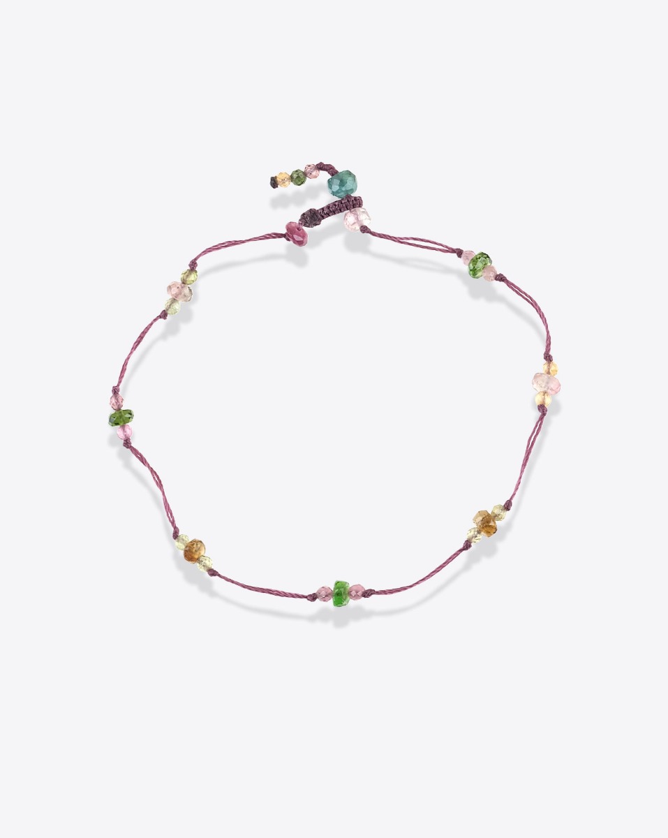 Bracelet T.Bee Duo Sharing pierres semi-pr&eacute;cieuses et tourmaline rose sur un fil r&eacute;sistant prune.
