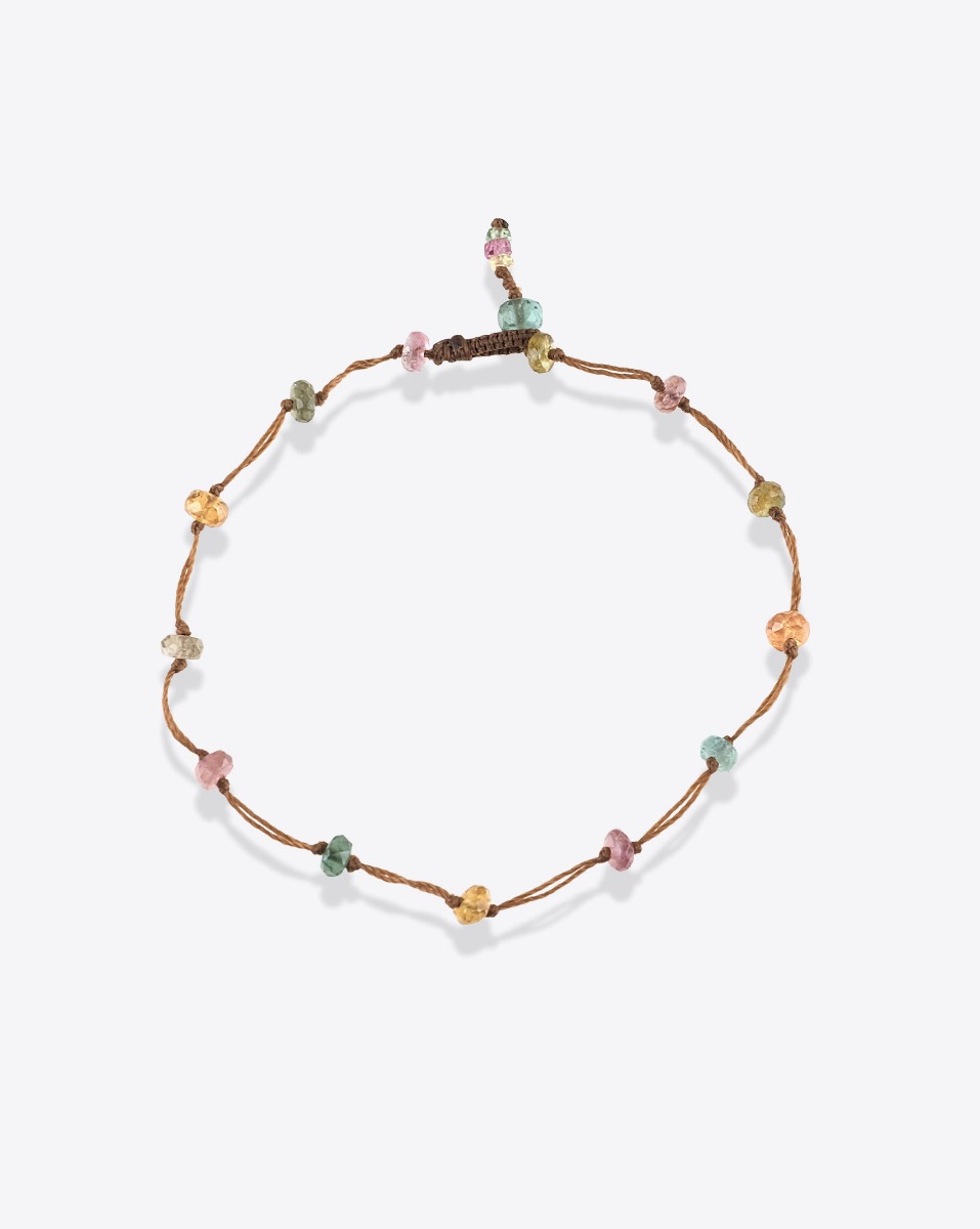 Bracelet T.Bee Fairy Sharing pierres semi-pr&eacute;cieuses et tourmaline sur un fil r&eacute;sistant tabac.
