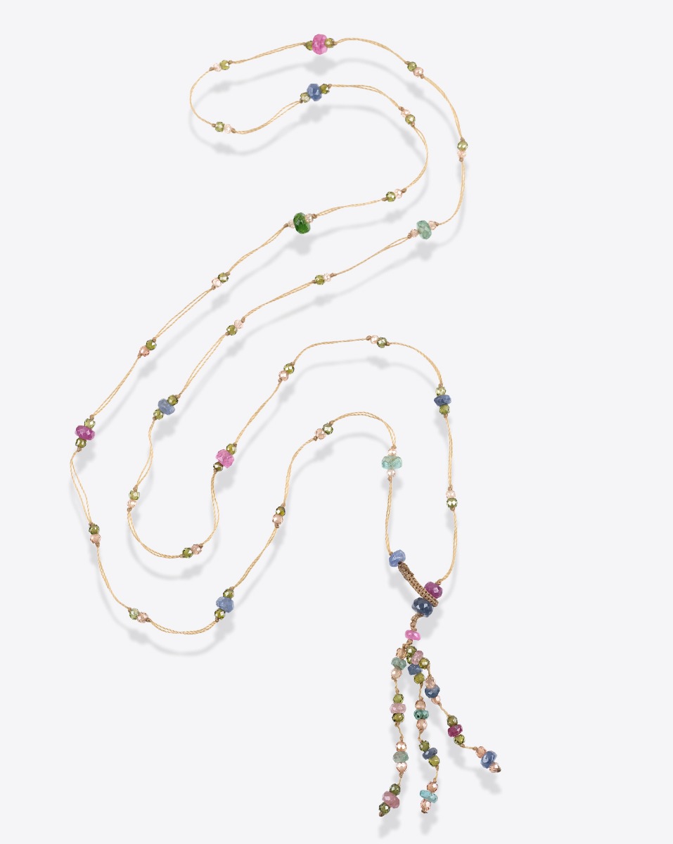 Collier long Sharing Holy en pierres semi-pr&eacute;cieuses facett&eacute;es avec pompon.