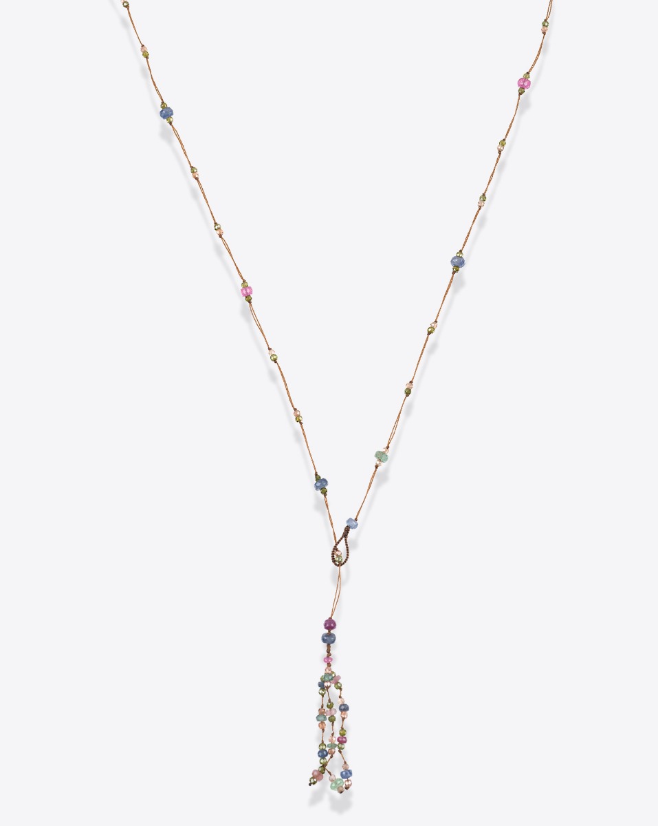 Collier long Holy Sharing pierres semi-pr&eacute;cieuses sur fil tabac et pompon, vu de face.