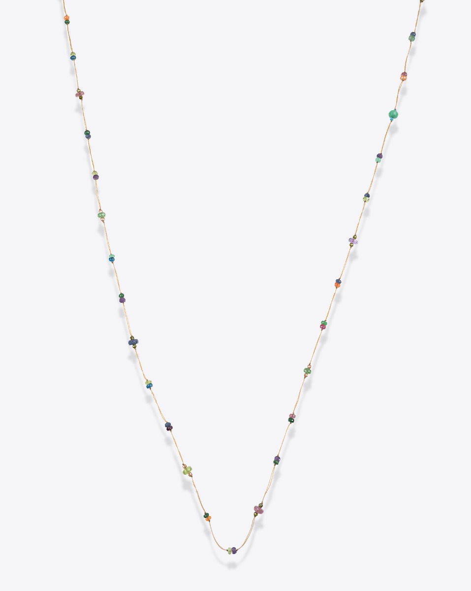 Collier long Laly Fairy fil beige parsem&eacute; de pierres semi-pr&eacute;cieuses. A porter en collier long ou ras-de-cou et bracelet multi-tours.