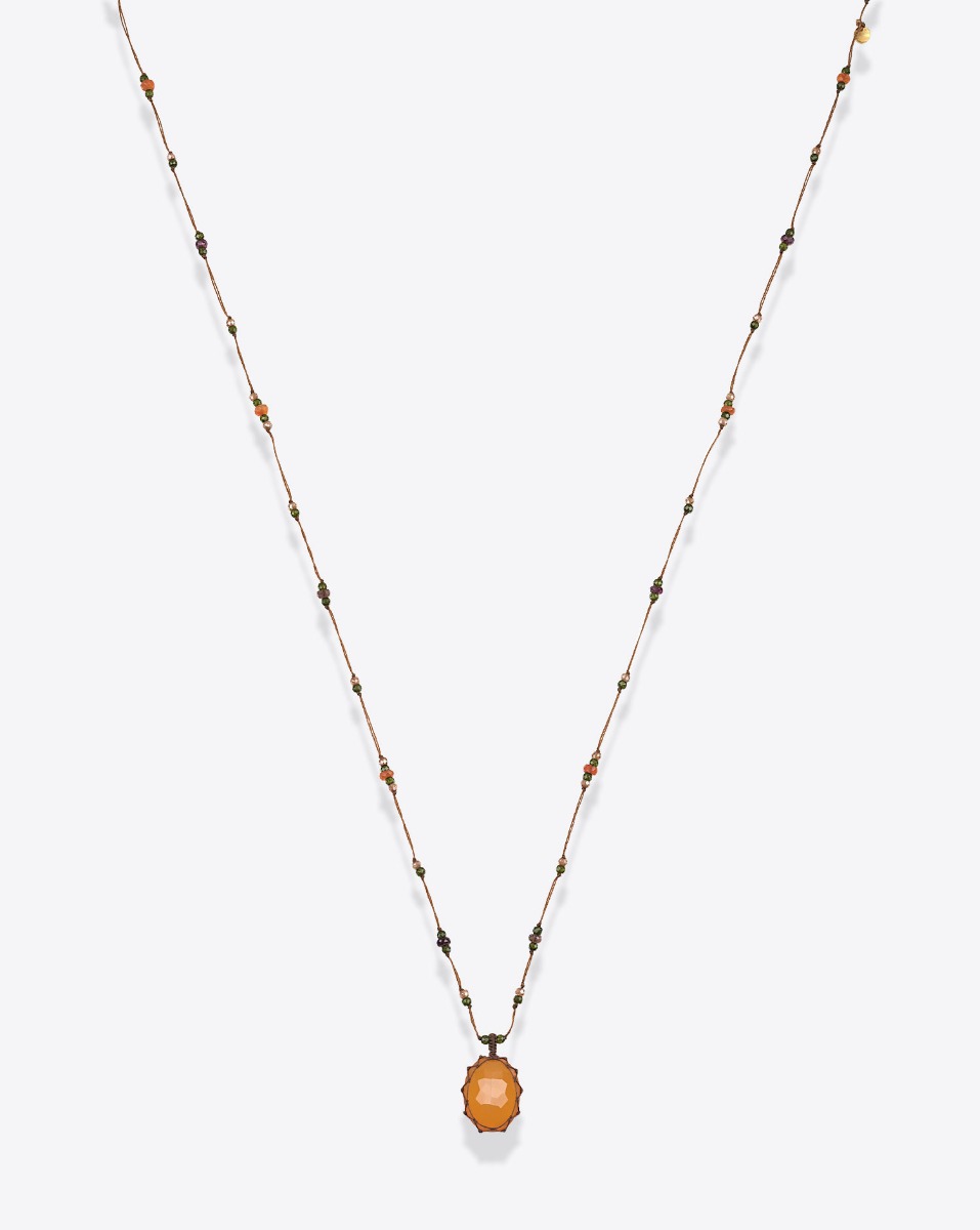 Collier long Tib&eacute;tain Sharing Onyx orange sur fil tabac et pierres semi-pr&eacute;cieuses. Pi&egrave;ce unique.