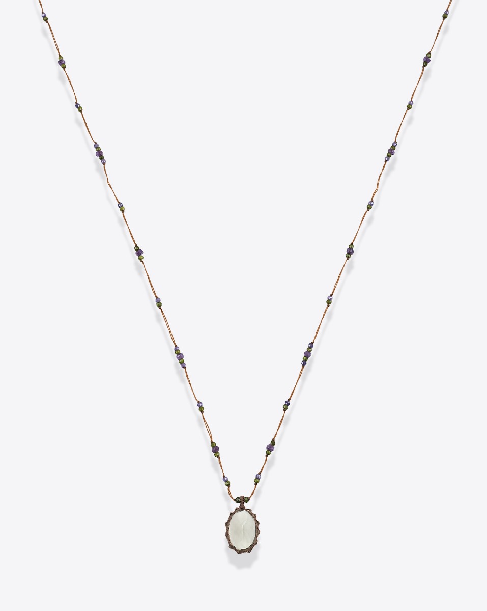 Collier long tib&eacute;tain Sharing am&eacute;thyste green fil tabac. 