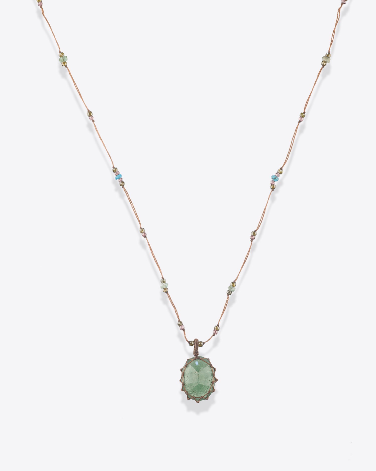 Image du produit Sharing Collier Court Tibétain Sur Cordon Tabac - Strawberry Quartz Vert   - 2