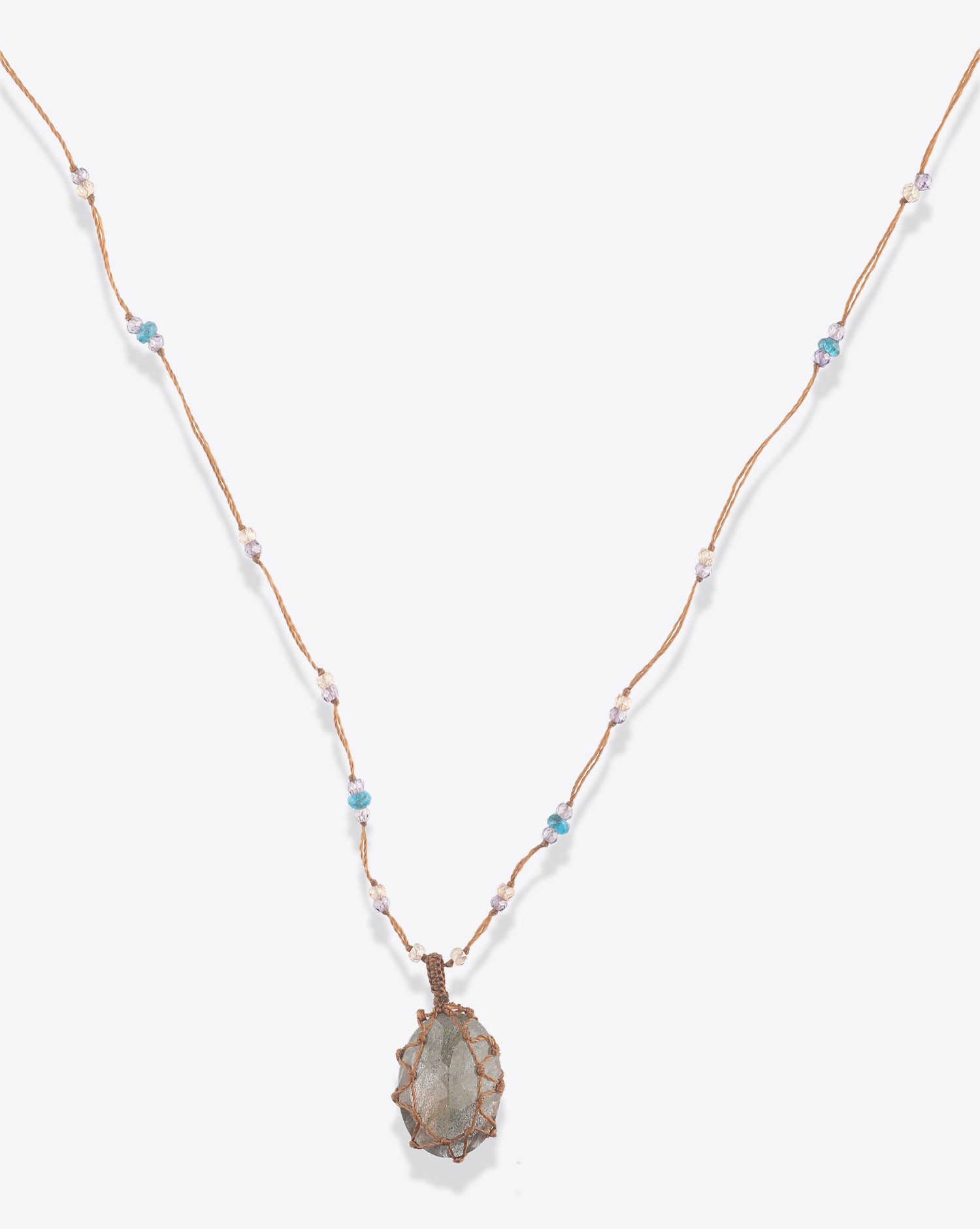 Collier Long Tibétain Sur Cordon Tabac Labradorite Sharing bijoux. 