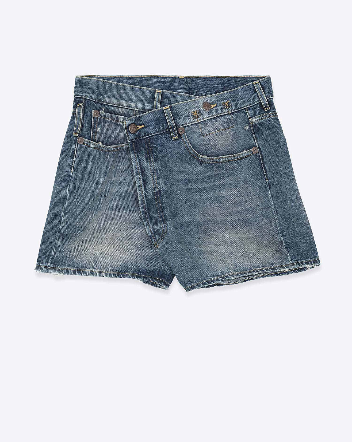 Short Crossover R13 en denim bleu délavé. Vue face. 