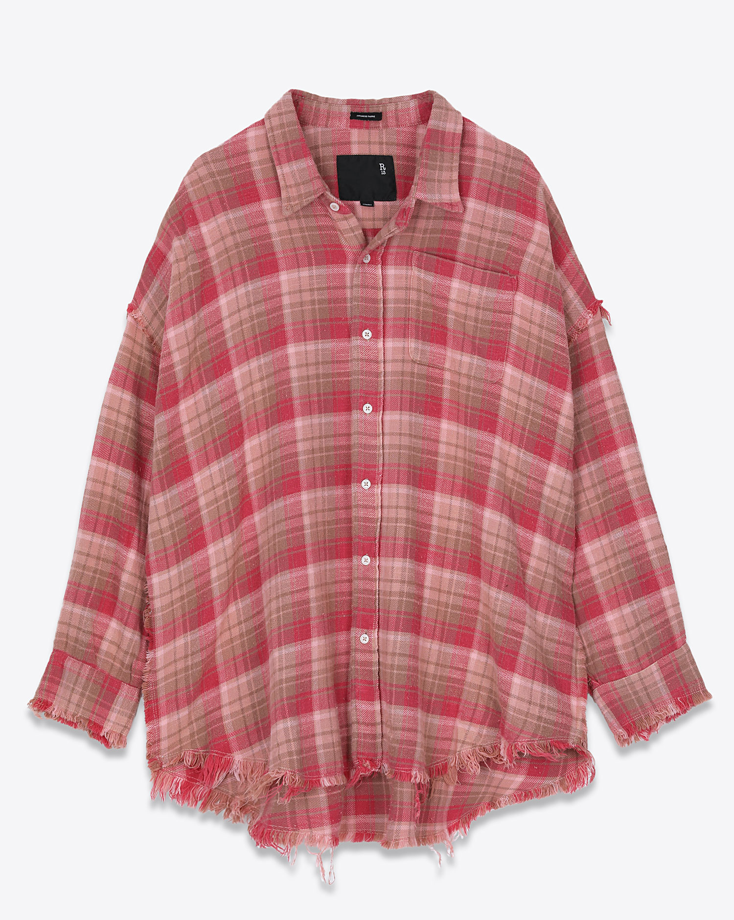 R13 Denim Collection Shredded Seam Drop Neck Shirt – Pink Plaid